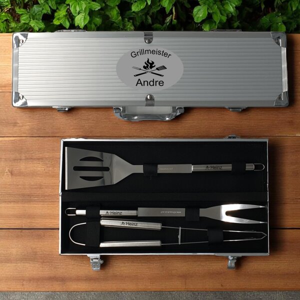 Grillbesteckkoffer "Alu" mit Namen und Spruch