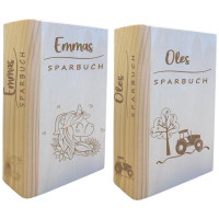 Holz-Spardose "Buch" mit Namen und Motiv