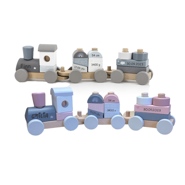 Eisenbahn aus Holz "Label Label" mit Namen und Geburtsdaten