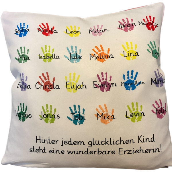 Kissen 2-farbig mit Spruch und Namen "Abschied Kindergarten"