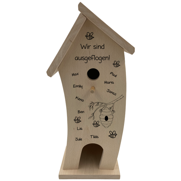 Vogelhaus mit Namen und Spruch "Abschied Kindergarten/Schule"