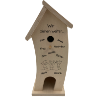 Vogelhaus mit Namen und Spruch "Abschied...