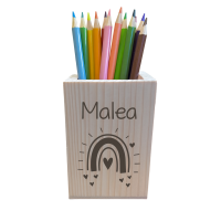 Stiftebox aus Holz mit Name und Motiv "Kinder"