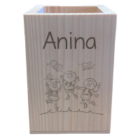 Stiftebox aus Holz mit Name und Motiv "Kinder"