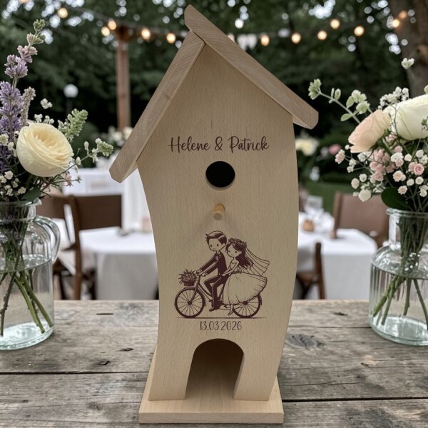 Vogelhaus mit Namen "Hochzeit" Brautpaar Fahrrad