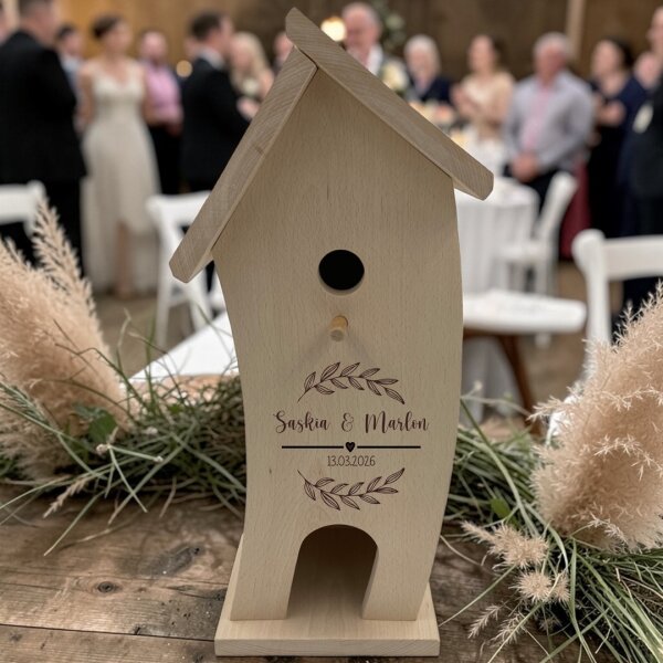 Vogelhaus mit Namen "Hochzeit" Zweige
