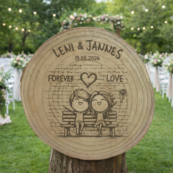 Baumscheibe "Deko" mit Motiv und Namen "Hochzeit" Forever Love