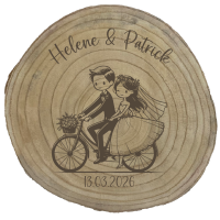 Baumscheibe "Deko" mit Motiv und Namen "Hochzeit" Brautpaar mit Fahrrad