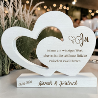 Doppelherz aus Holz mit Spruch und Namen "Hochzeit"