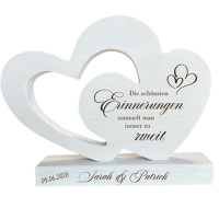 Doppelherz aus Holz mit Spruch und Namen "Hochzeit"