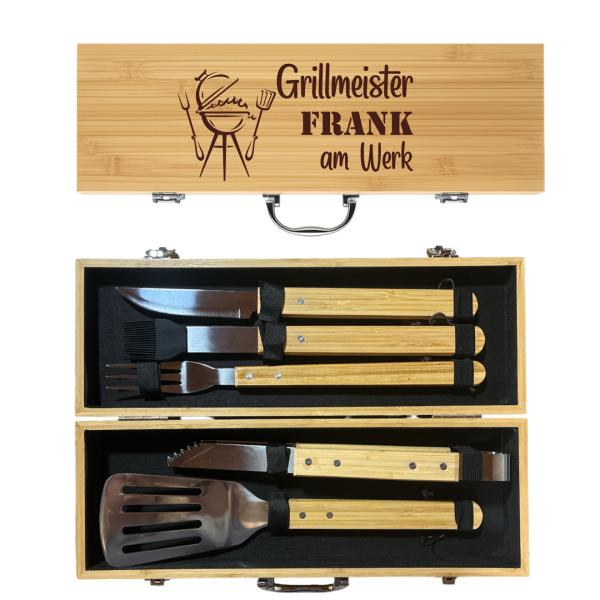 Grillbesteckkoffer "Holz" mit Name und Spruch