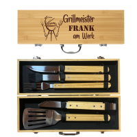 Grillbesteckkoffer "Holz" mit Name und Spruch
