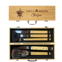Grillbesteckkoffer "Holz" mit Name und Spruch