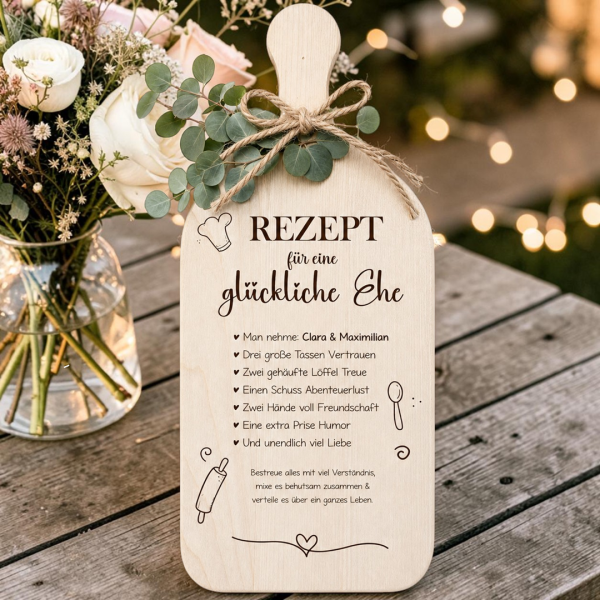 Schneidebrett mit Griff mit Spruch und Namen "Hochzeit"