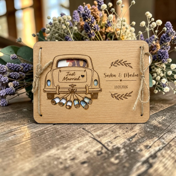 Geldgeschenkkarte aus Holz mit Namen "Hochzeit"