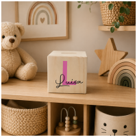Spardose aus Holz "Würfel" mit Name